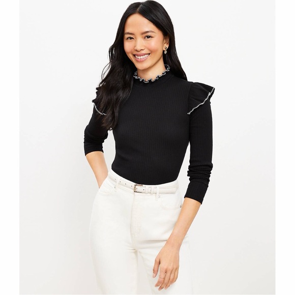 Loft Pointelle Ribbed Ruffle Top Small Petite NWT - Picture 1 of 7